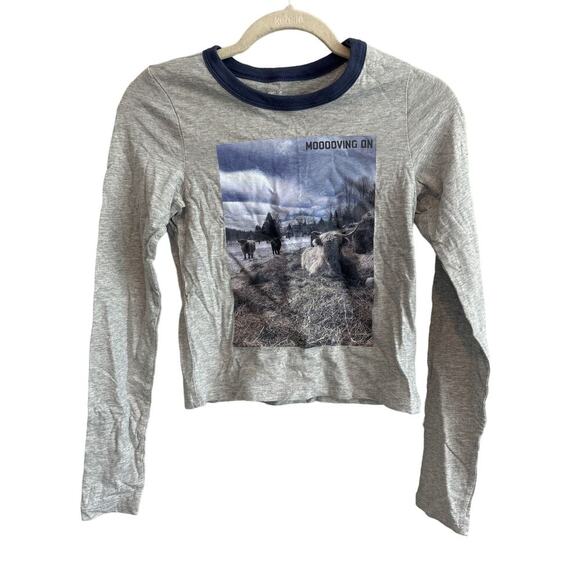 NWT Aerie Long Sleeve Graphic Cow T-Shirt Gray Size XS - Picture 1 of 5